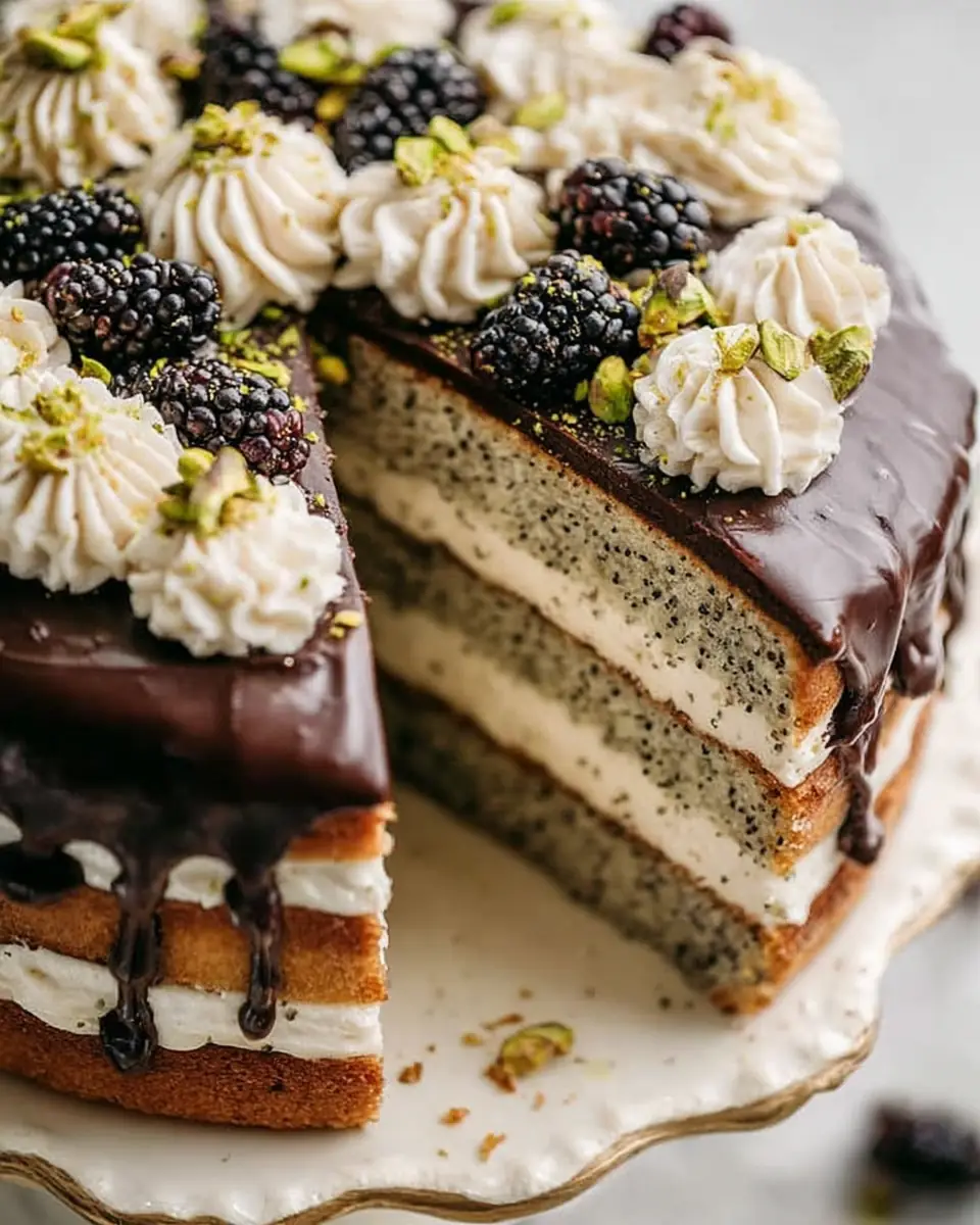 A delicious plate of Poppy Seed Cake with Chocolate Ganache