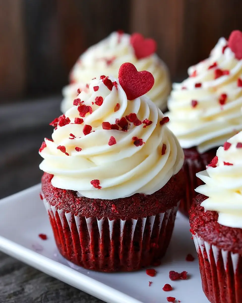 A delicious plate of Red Velvet Cupcakes with White Chocolate Mousse