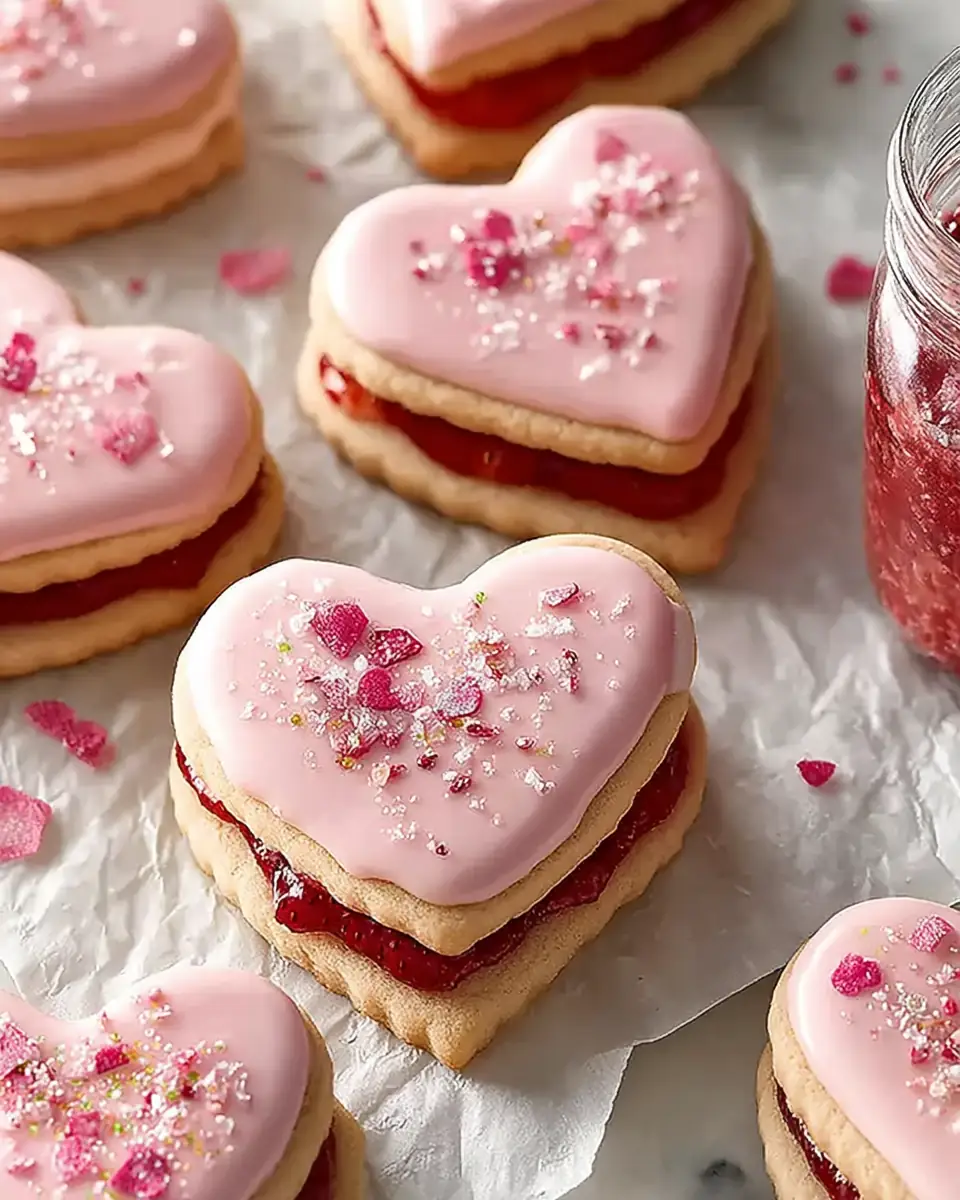 A delicious plate of Filled Heart-Shaped Strawberry Shortbread Cookies