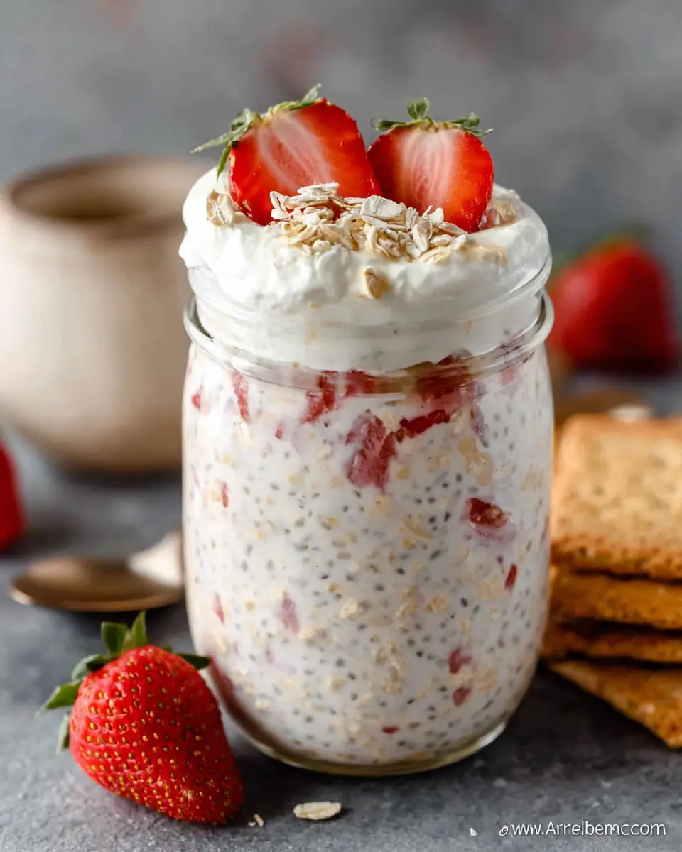 A delicious plate of Strawberry Cheesecake Overnight Oats
